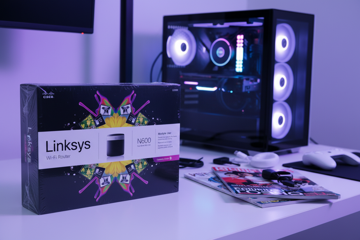 Cisco Linksys E2500 N600 Router box near gaming PC rig with tech magazines and cables — More4less Outlet