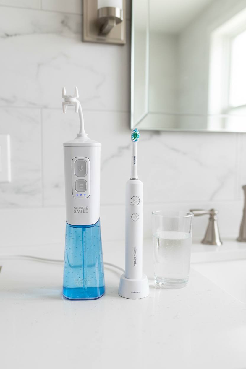 Miracle Smile Water Flosser standing upright on a white bathroom countertop next to a toothbrush and glass of water.