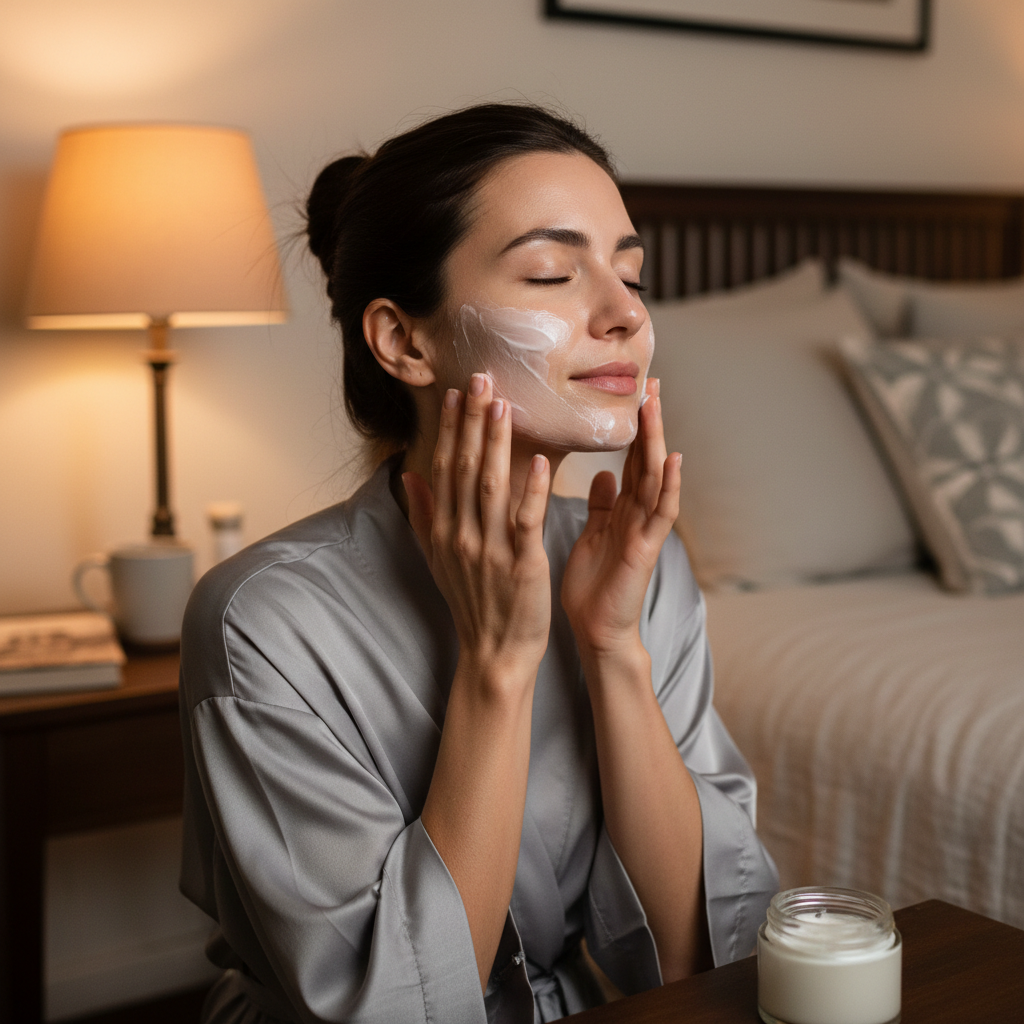 Woman applying overnight reparative lotion before bed in warm bedroom lighting