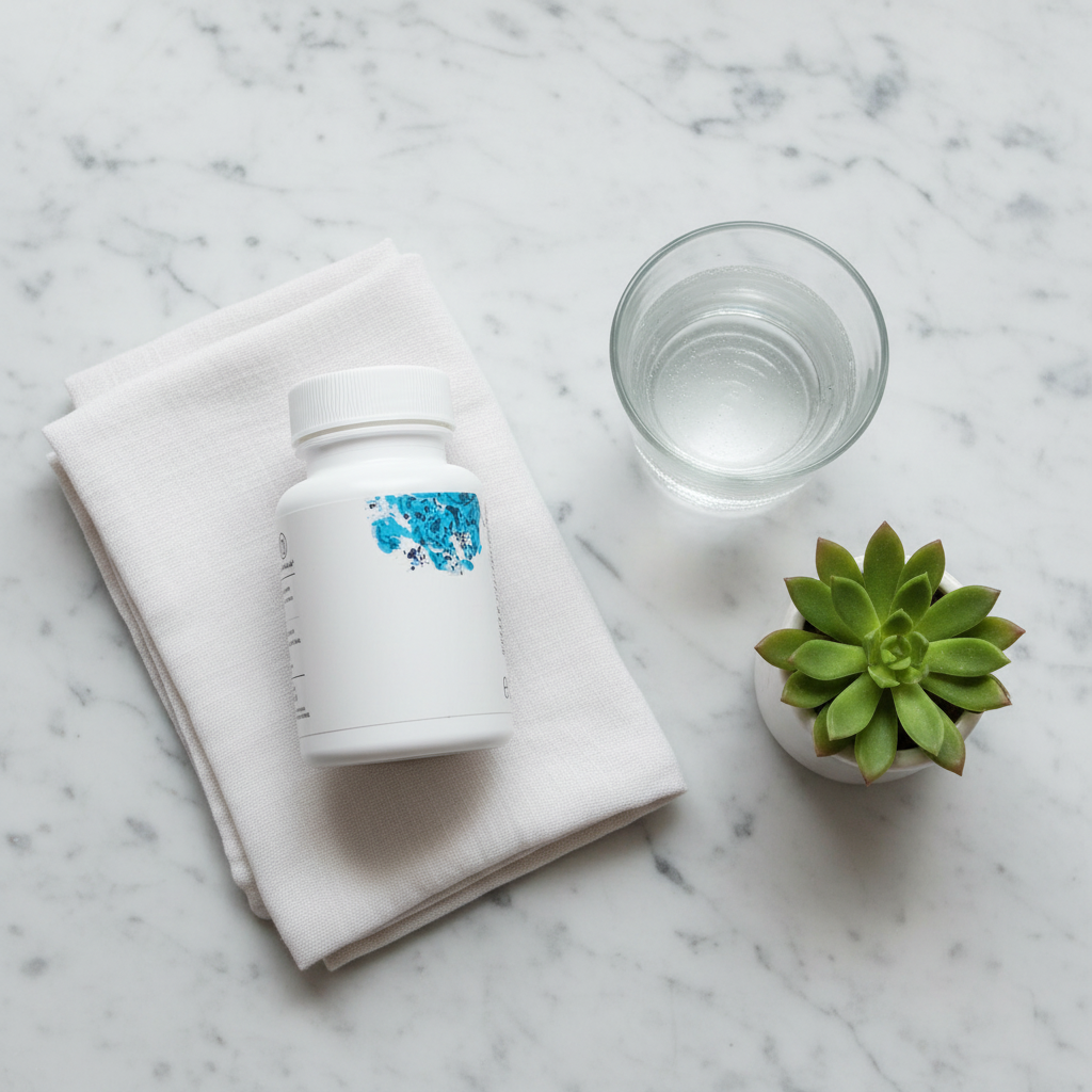 Thorne 5-MTHF 5mg Methylfolate supplement bottle wellness flat lay with water glass and green plant on marble