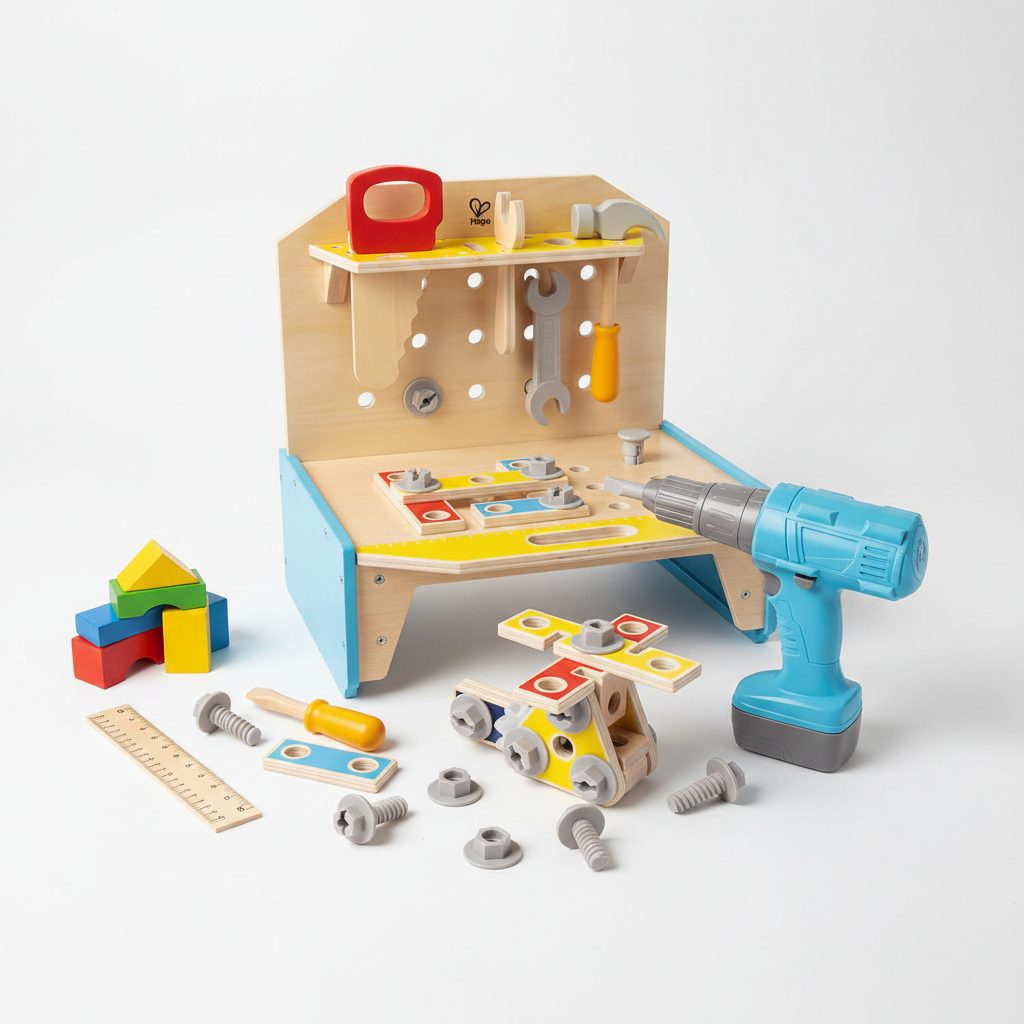 Hape Little Engineer's Workbench wooden toy set on white surface with wooden blocks and ruler – More4less Outlet