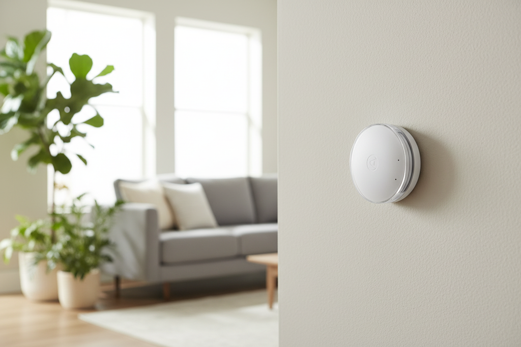 Airthings Wave Mini Air Quality Monitor mounted in living room – Bluetooth smart home air sensor – More4less Outlet