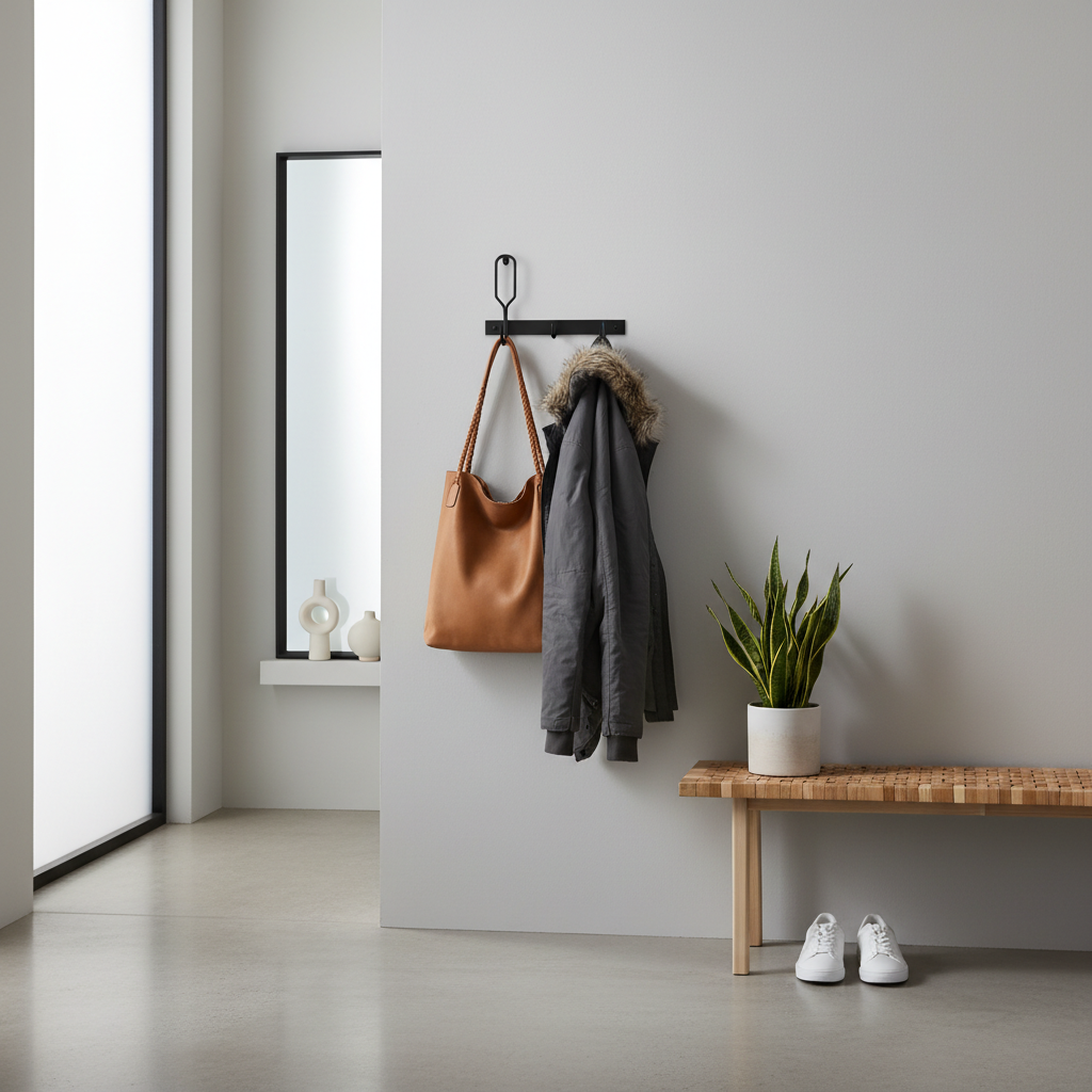 Clean modern entryway showing a black decorative hook mounted on light gray drywall holding a leather tote bag and winter coat