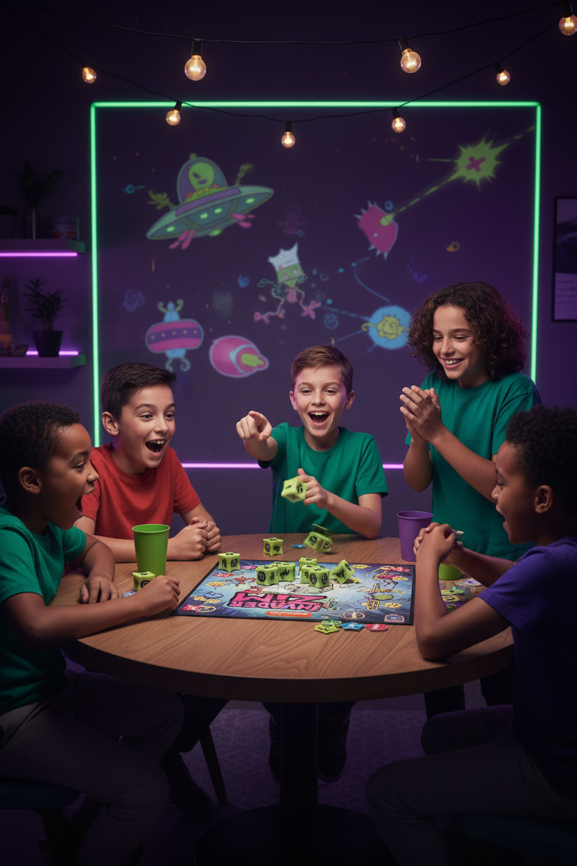 Kids and teens playing Invader Zim Adventure Bones dice game at table with green bone-shaped dice rolling — More4less Outlet