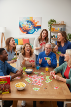 Group of friends and family laughing while playing Apples to Apples card game at a party — More4less Outlet