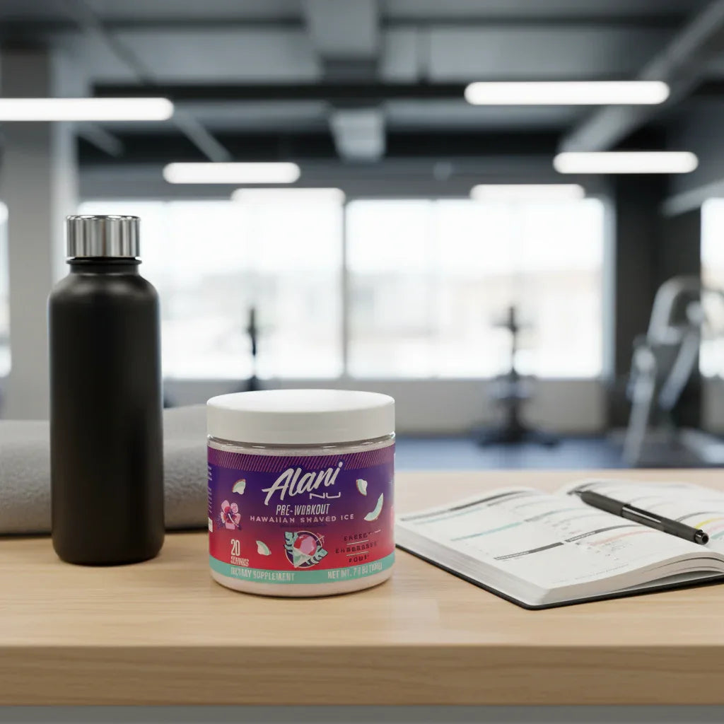 Alani Nu Hawaiian Shaved Ice Pre-Workout tub on fitness studio workspace with water bottle and towel.