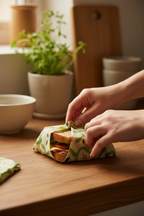 SuperBee Sandwich Wax Wrap 33x33cm being folded around sandwich by hands pressing to form natural seal