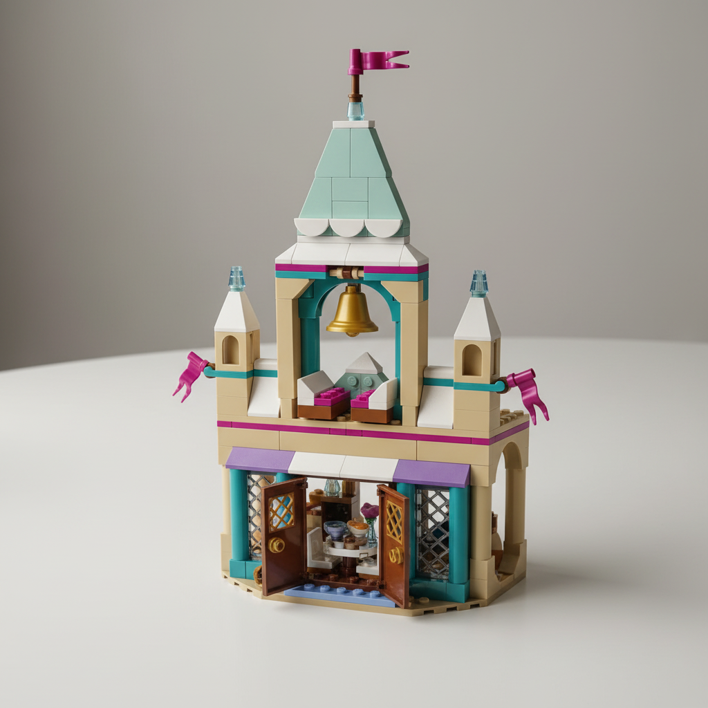 LEGO Disney Frozen Arendelle Frozen Castle set 43265 close-up showing opening front doors revealing dining room interior, upper bedroom with movable beds and drawers, and golden bell at top of teal tower