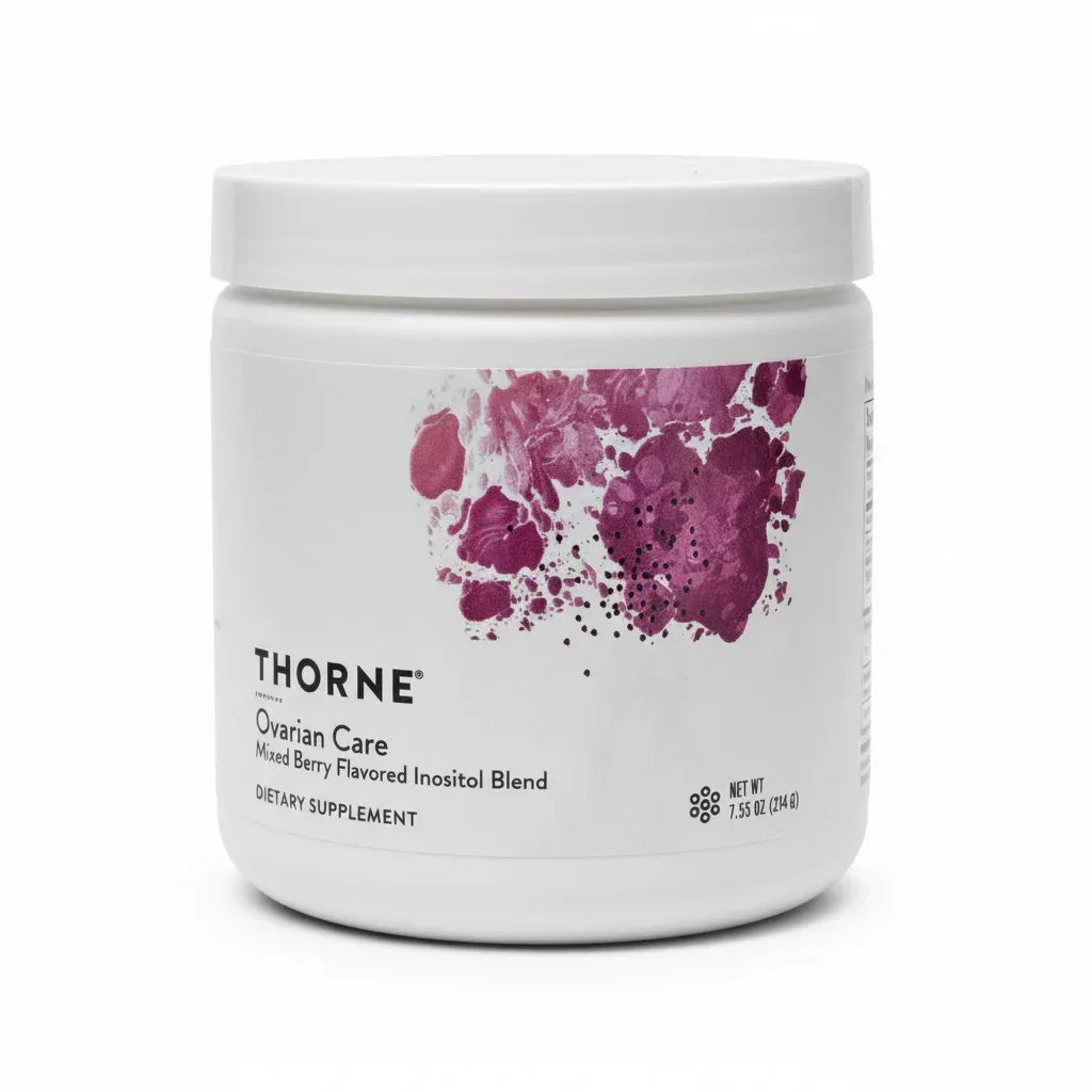 Thorne Ovarian Care close-up hero shot showing purple berry watercolor label