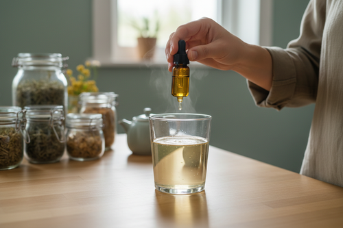 Person adding liquid drops into a glass of warm water at a clean kitchen counter