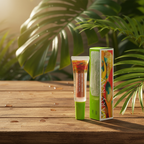 Mary Kay Dual Lip Glaze Warm Coral clear tube with green cap next to its vibrant green, orange, and blue Art of Nature retail box on a sun-drenched outdoor table with tropical leaves and warm golden light
