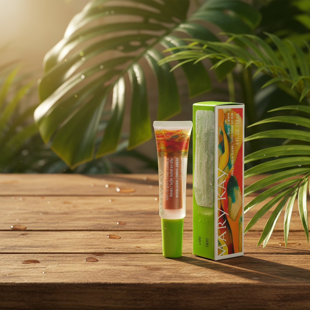 Mary Kay Dual Lip Glaze Warm Coral clear tube with green cap next to its vibrant green, orange, and blue Art of Nature retail box on a sun-drenched outdoor table with tropical leaves and warm golden light