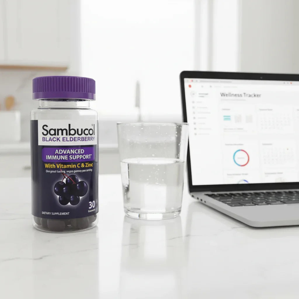 Sambucol Black Elderberry Gummies bottle on white quartz kitchen island with glass of water and open laptop for work-day wellness