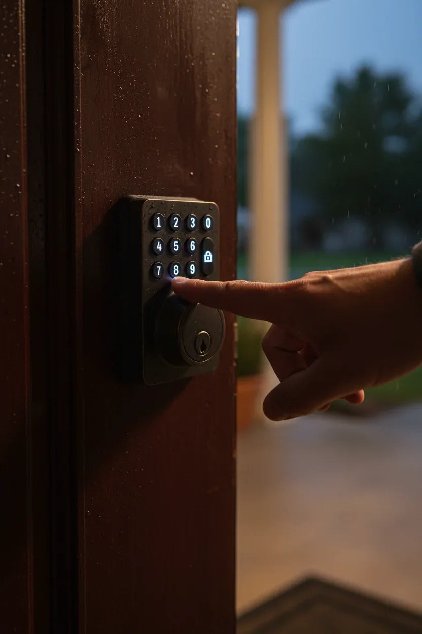 A hand entering a code on a glowing backlit electronic keypad deadbolt at dusk on a dark wooden door