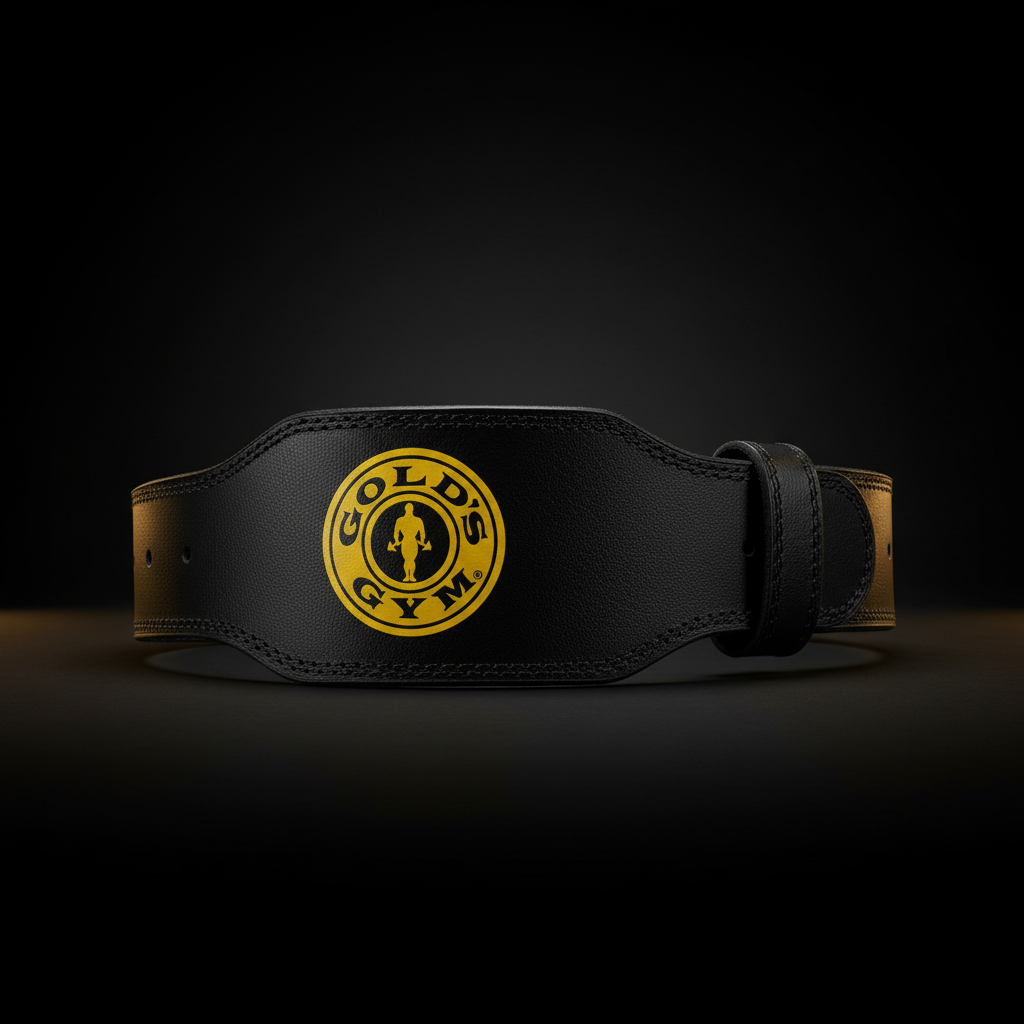 Gold's Gym black leather weight lifting belt dark editorial with gold accent lighting and leather texture highlights – More4less Outlet