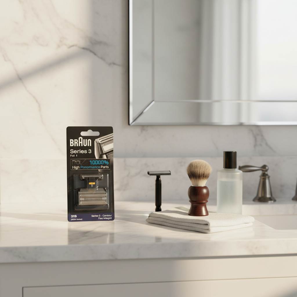 Braun Series 3 31S foil and cutter replacement pack on white marble vanity with soft morning light and grooming accessories – More4less Outlet