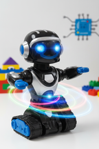 Vivitar Robo action robot with glowing blue eyes and LED lights on white surface showing arm movement