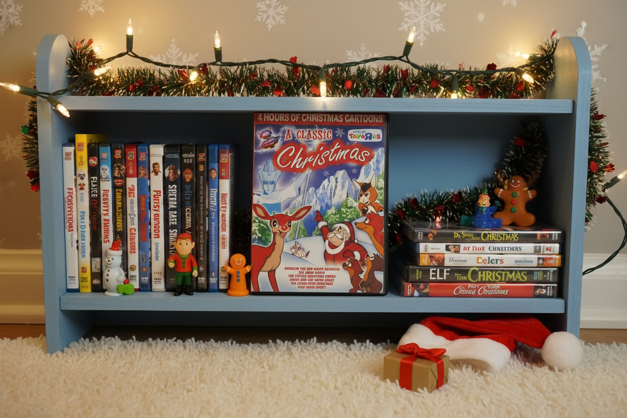 A Classic Christmas DVD on kids movie shelf with holiday and animated family DVDs and Christmas decorations – More4less Outlet