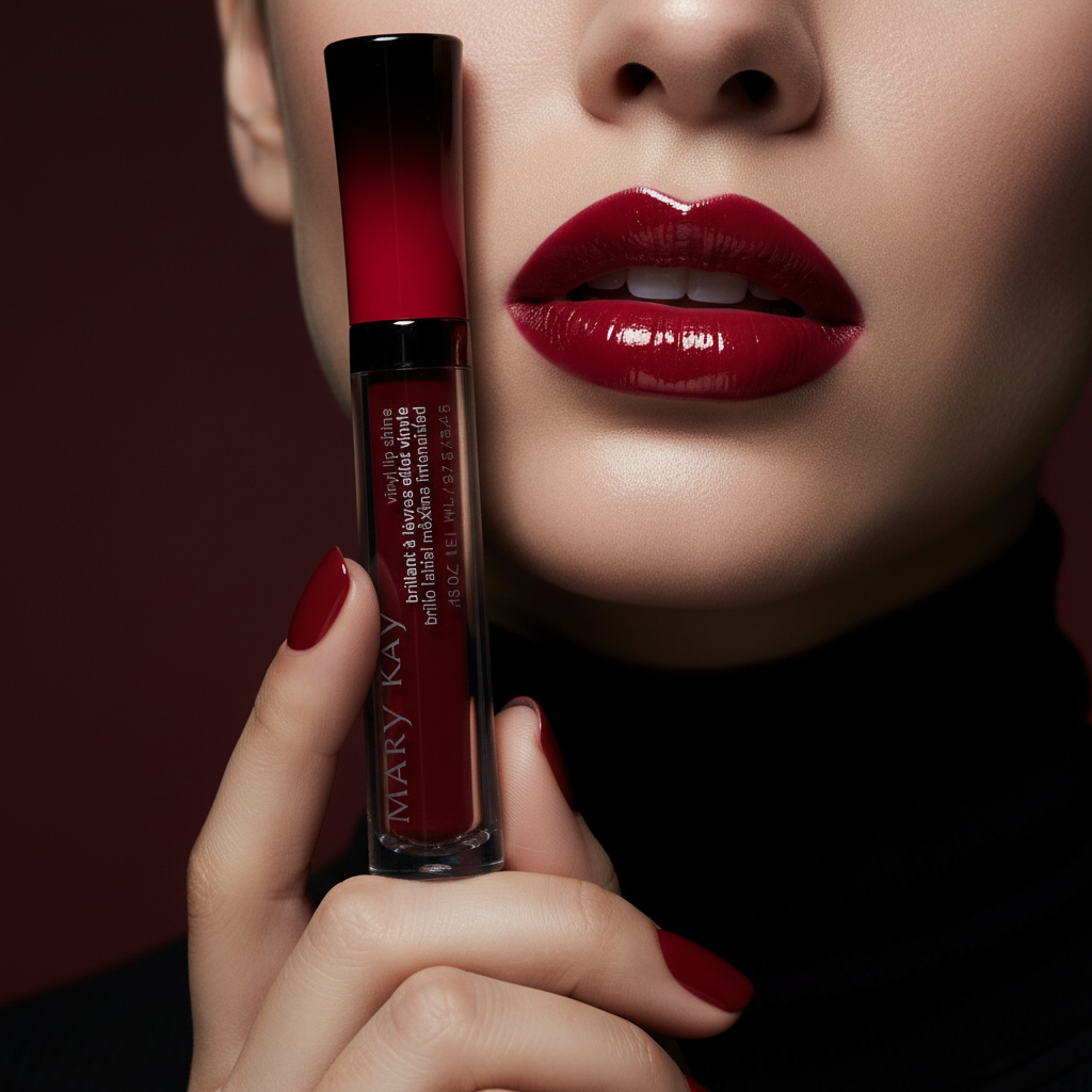 Woman with bold glossy red lips holding Mary Kay Vinyl Lip Shine tube in dramatic editorial beauty lighting