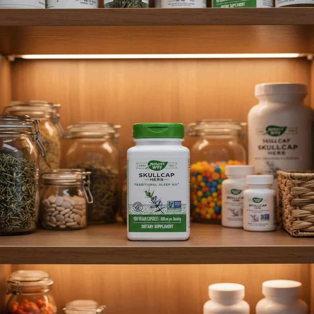 Nature's Way Skullcap Herb bottle inside organized family health cupboard with soft recessed interior lighting and aesthetic glass storage jars