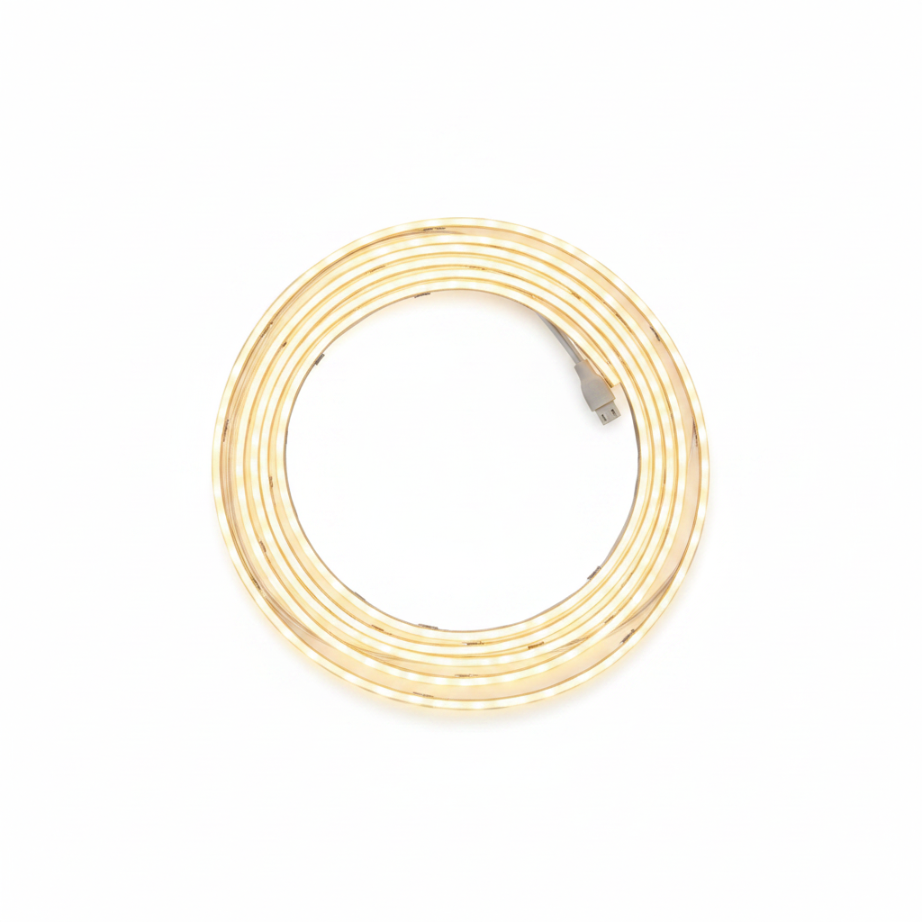Better Homes and Gardens 16.4-foot LED flex light warm white coiled on white background showing double-sided rope light construction