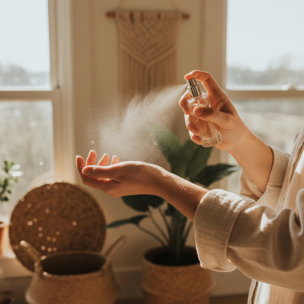 Close-up of person applying perfume spray to wrist in bright sunlit room with natural woven decor