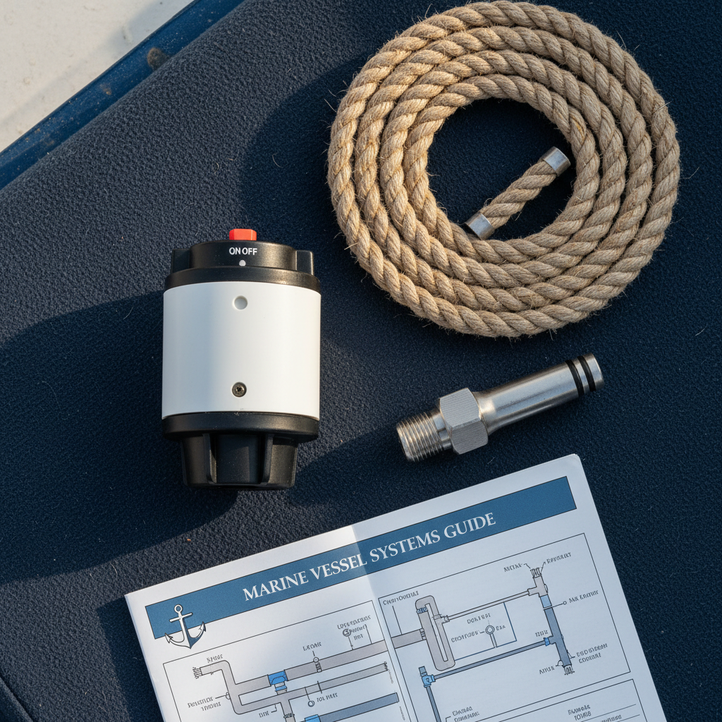 Lifestyle — white marine bilge pump on dark navy surface beside nautical rope coil, stainless hose fitting, and boat owner's manual — marine gear flatlay editorial for visual context only