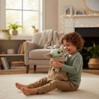 Child playing with Star Wars Grogu interactive plush toy in a warm living room setting
