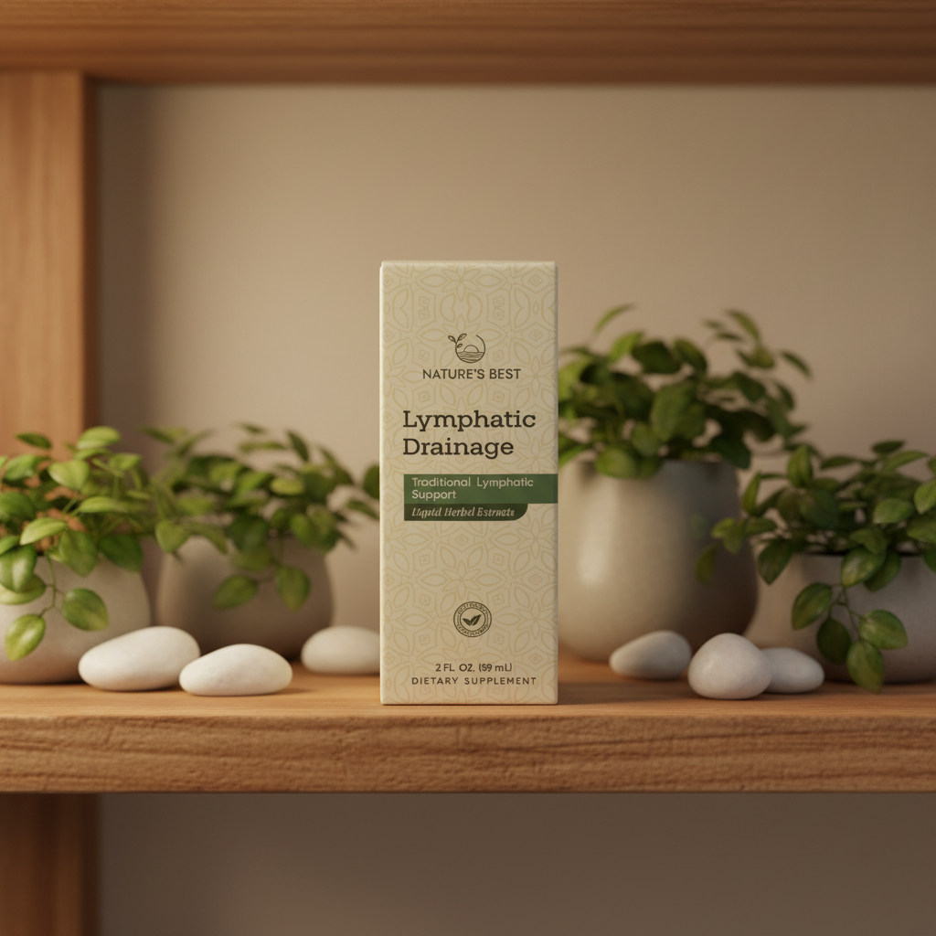 Nature's Best Lymphatic Drainage Liquid Herbal Extract 2 fl oz box on natural wood shelf with green potted plants and white stones