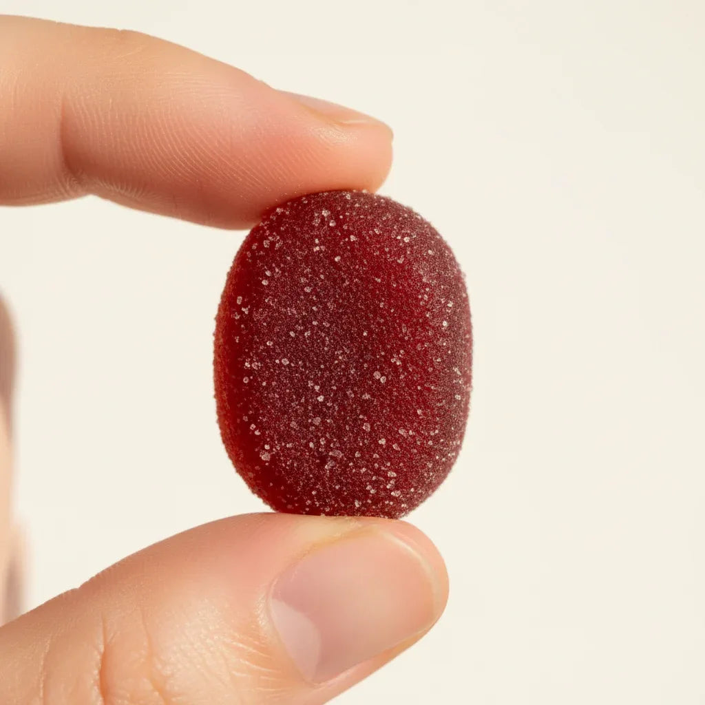 Close-up of deep red goji berry gummy supplement natural berry texture macro focus