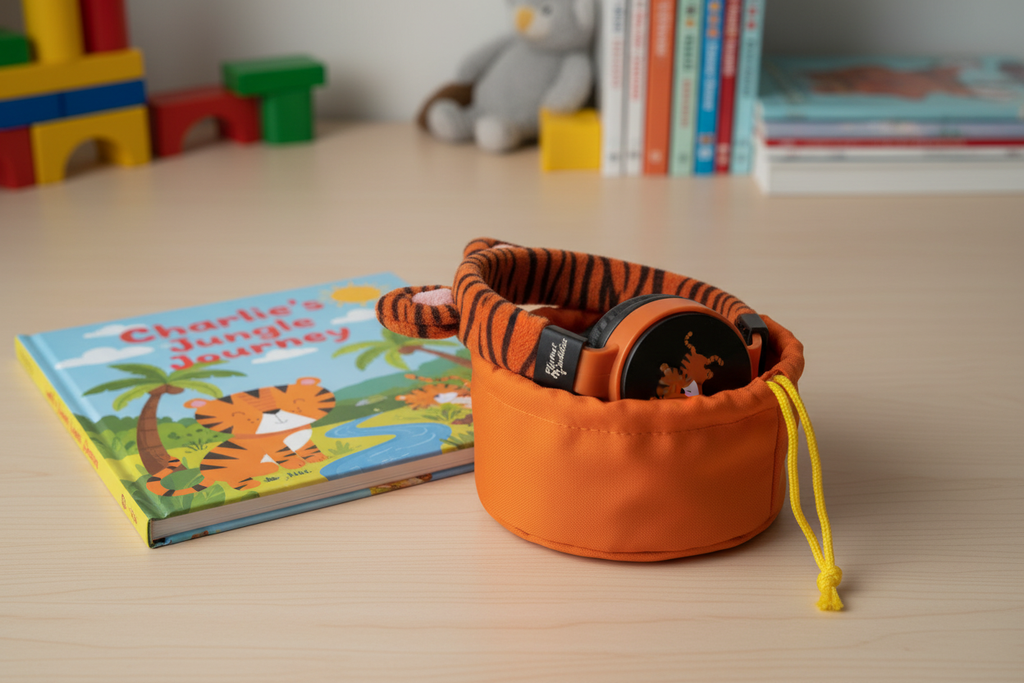 Planet Buddies Charlie the Tiger headphones stored in travel pouch beside colorful children's adventure book