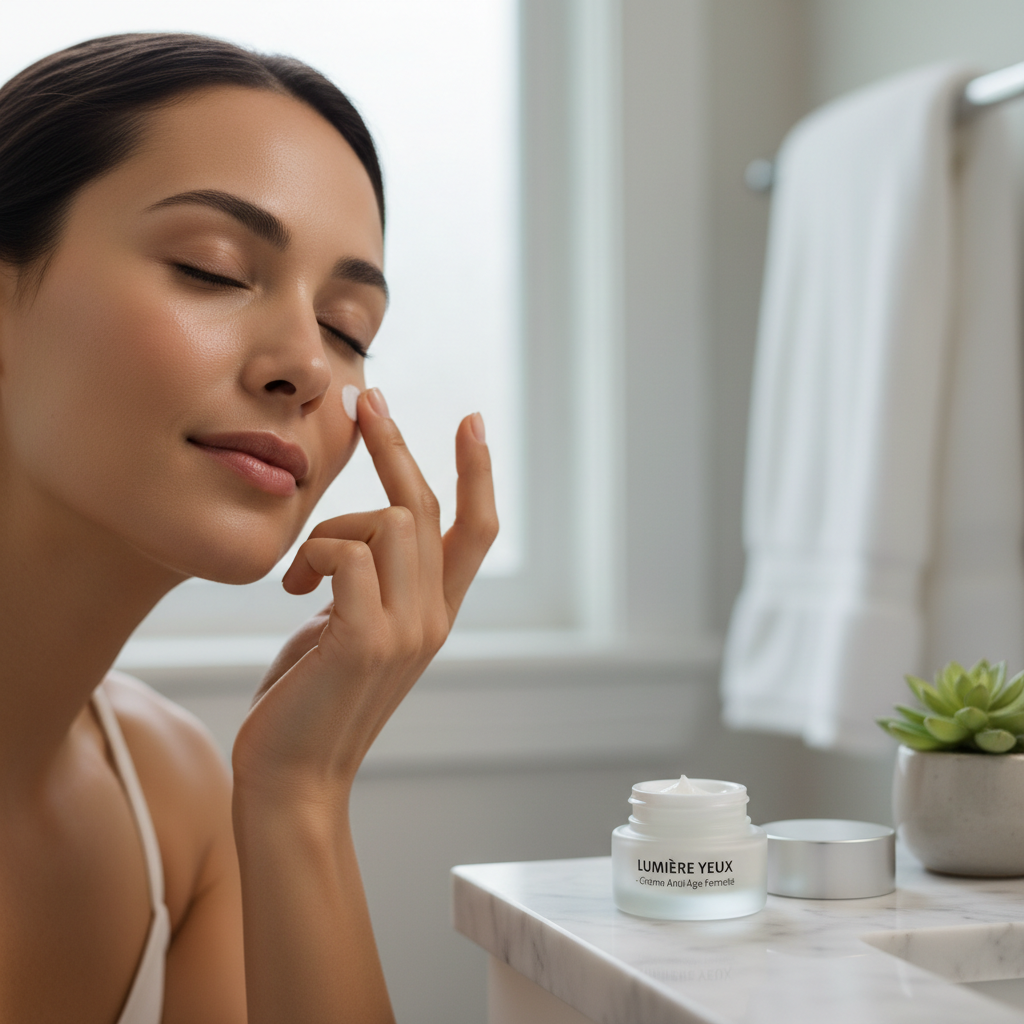 Woman patting eye cream around eye area ring finger smooth firm skin soft natural morning light premium anti-aging firming eye cream skincare lifestyle - More4less Outlet