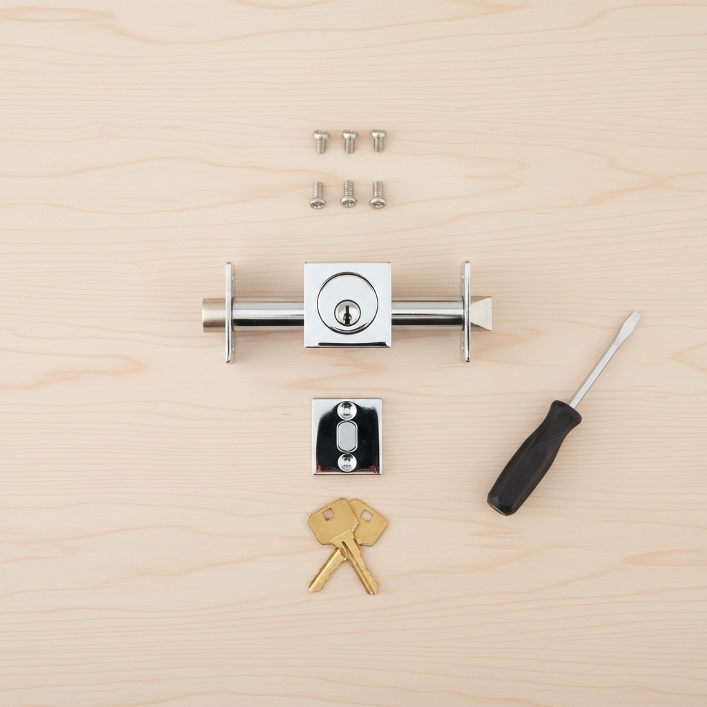 Flat-lay of Kwikset 816 SQT polished chrome deadbolt components on wooden workbench – cylinder, latch, strike plate, keys, screws, screwdriver