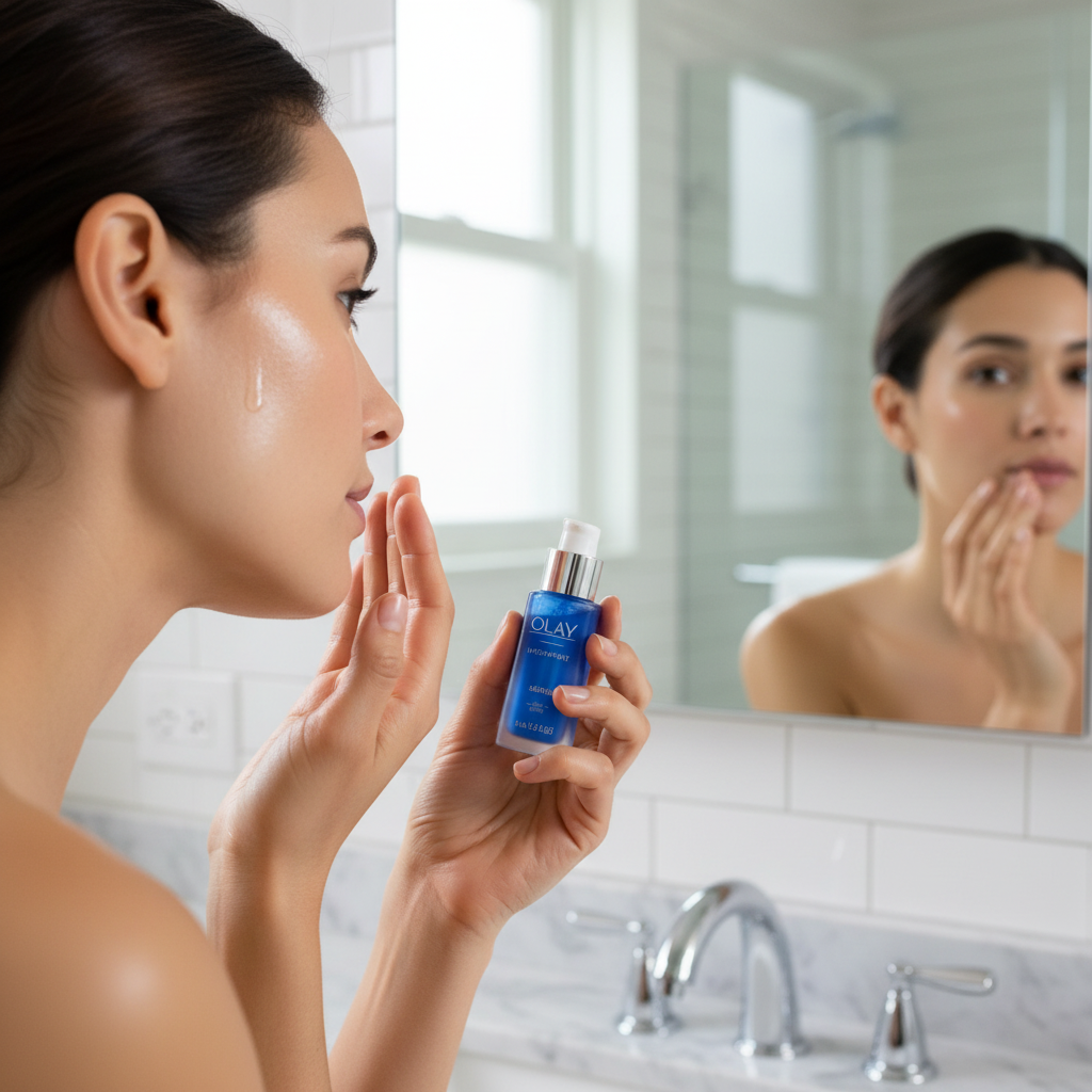 Woman applying Olay Hyaluronique Hydratant Sérum to her face in a bright bathroom mirror, dewy glowing skin