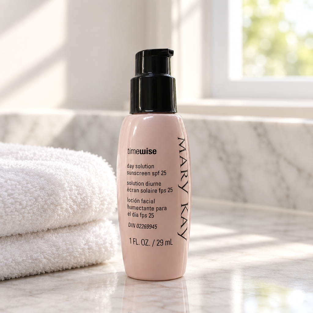 Mary Kay TimeWise Day Solution Sunscreen SPF 25 bottle on a bathroom marble vanity. At least one real product photo taken by Chad is included in the gallery. Remaining images are AI-generated lifestyle photos for visual context only. Minor label or packaging variation may occur between matching stocked units.