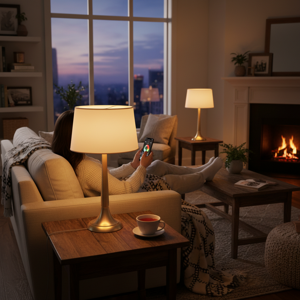 Person relaxing on sofa adjusting two elegant table lamps with smartphone at dusk