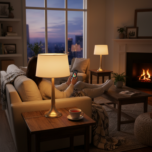 Person relaxing on sofa adjusting two elegant table lamps with smartphone at dusk