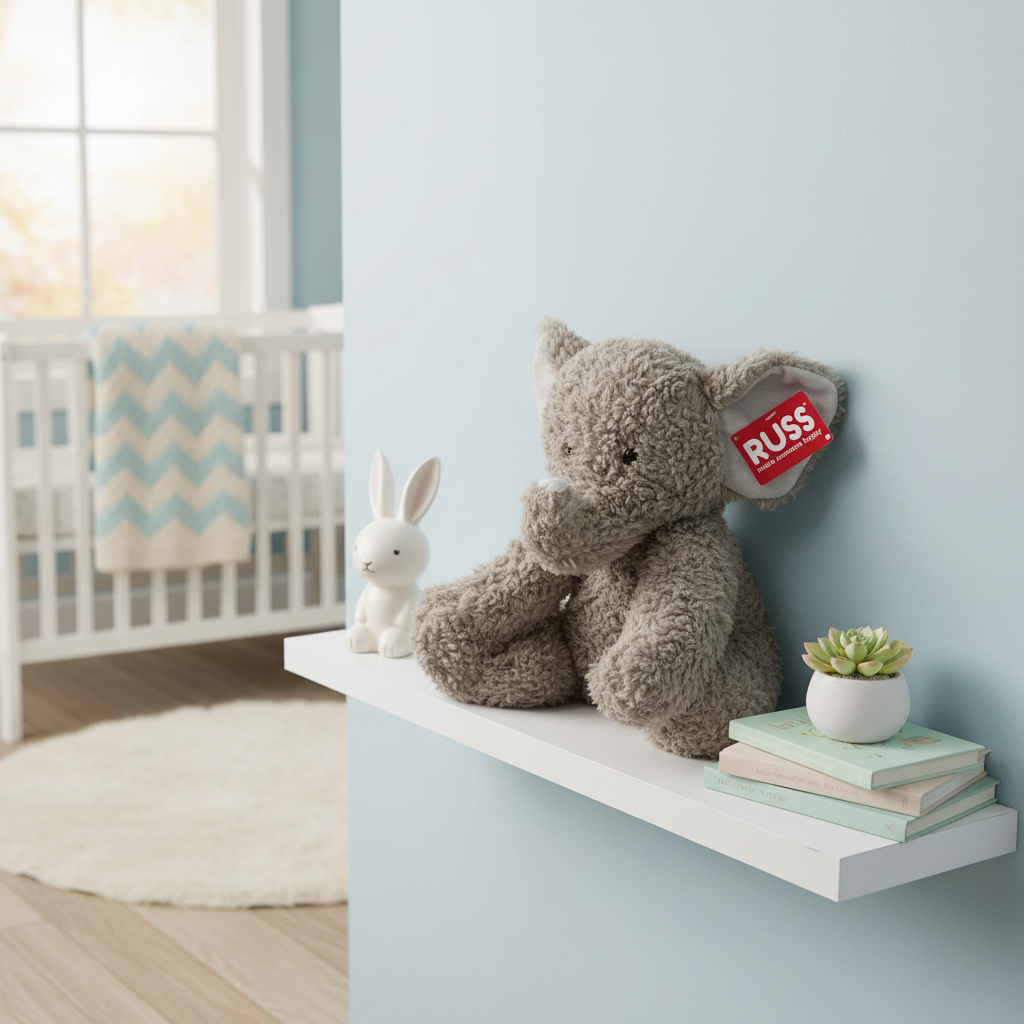Russ Jazwares 21 inch Elephant Plush sitting on nursery shelf with soft pastel decor - More4less Outlet