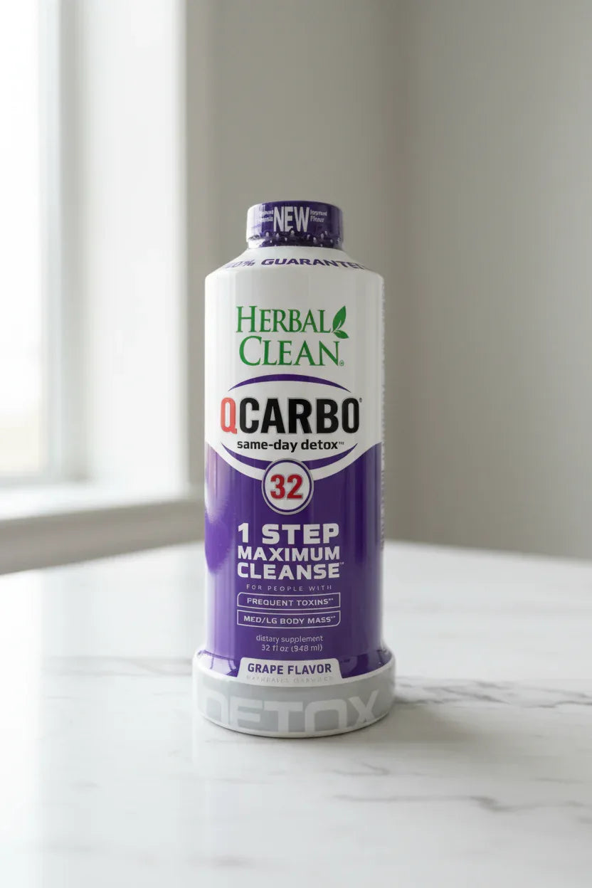 Modern wellness drink bottle with purple and white label displayed on a clean bright white marble surface