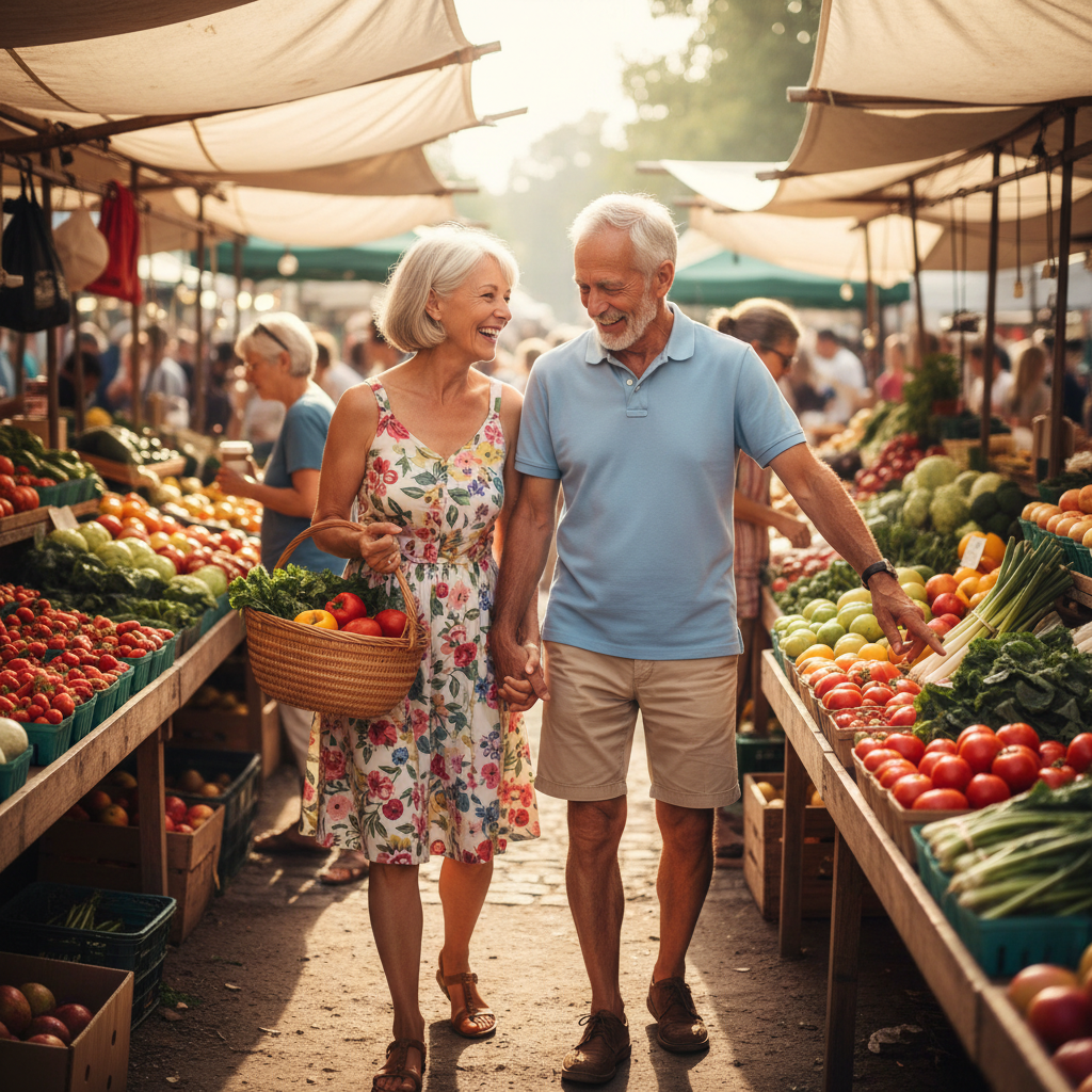 Older couple browsing fresh produce together at a sunny outdoor farmers market