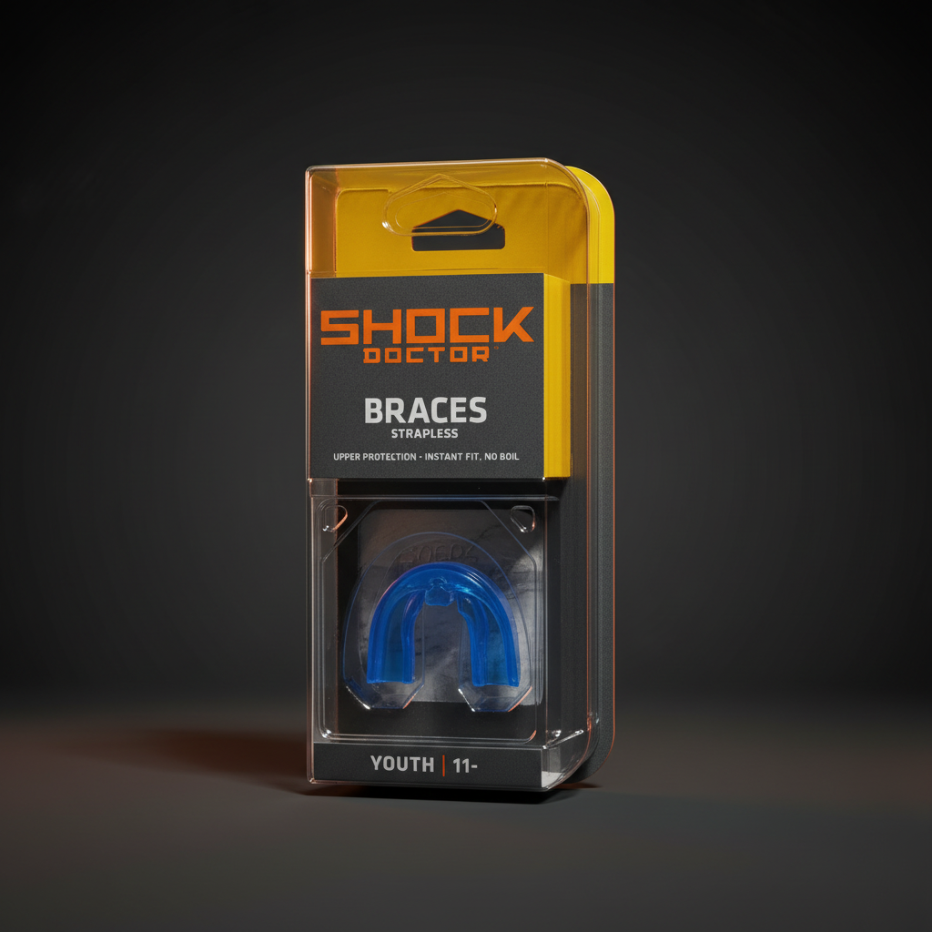 Shock Doctor blue Braces mouthguard dark charcoal editorial with orange Shock Doctor accent lighting – More4less Outlet