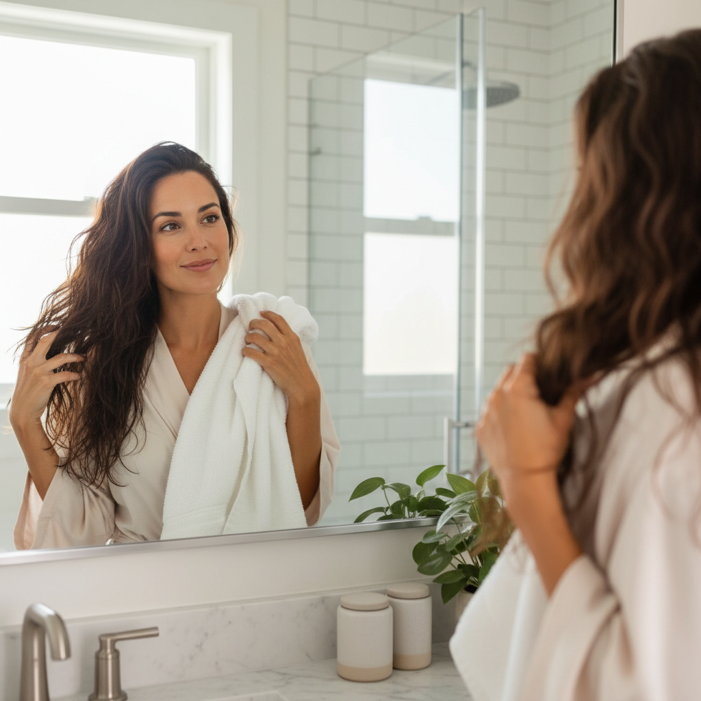 Woman with healthy full hair looking confident in a bright bathroom mirror, natural morning hair care routine