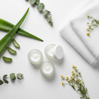 Flat lay of soothing skincare products with aloe vera and botanicals