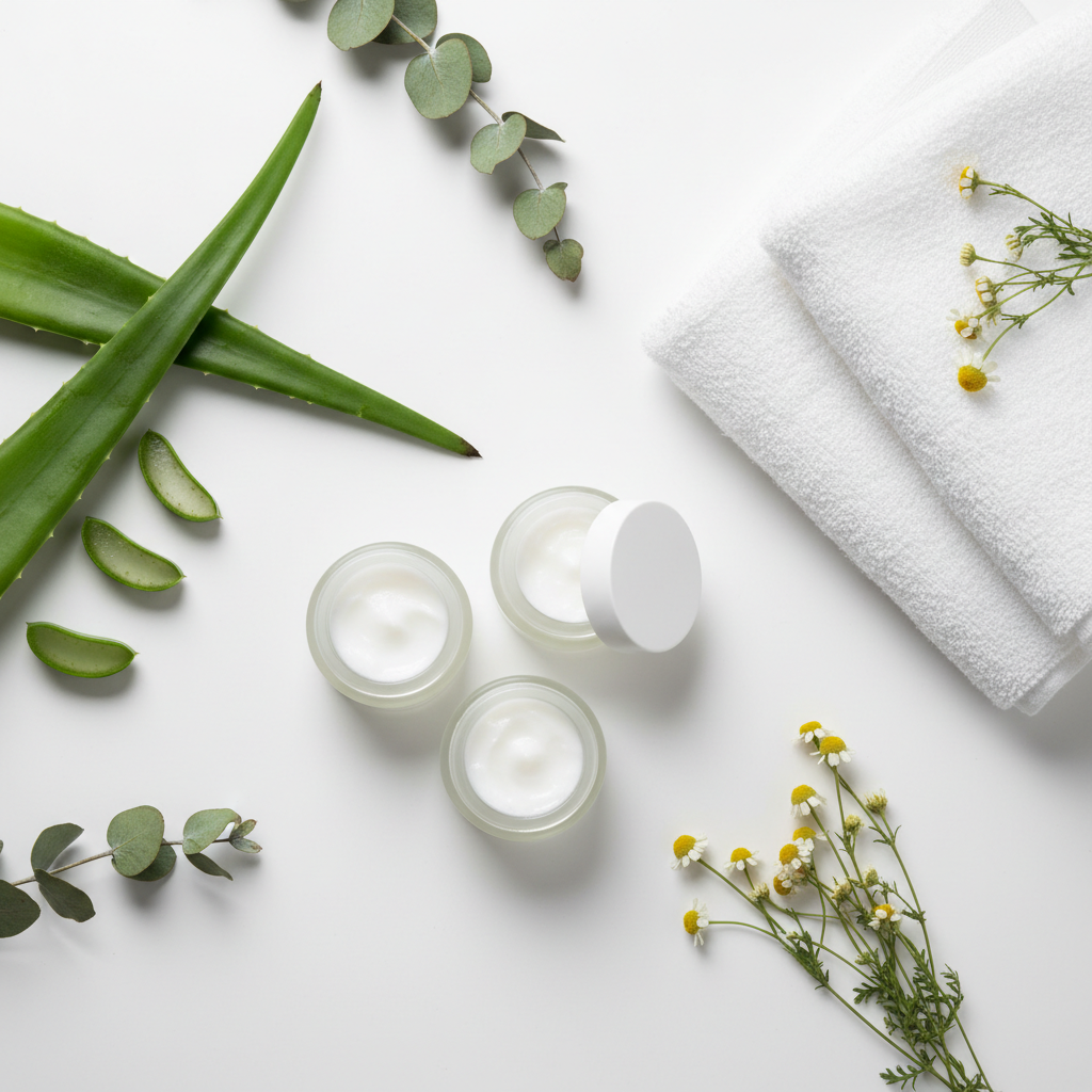 Flat lay of soothing skincare products with aloe vera and botanicals