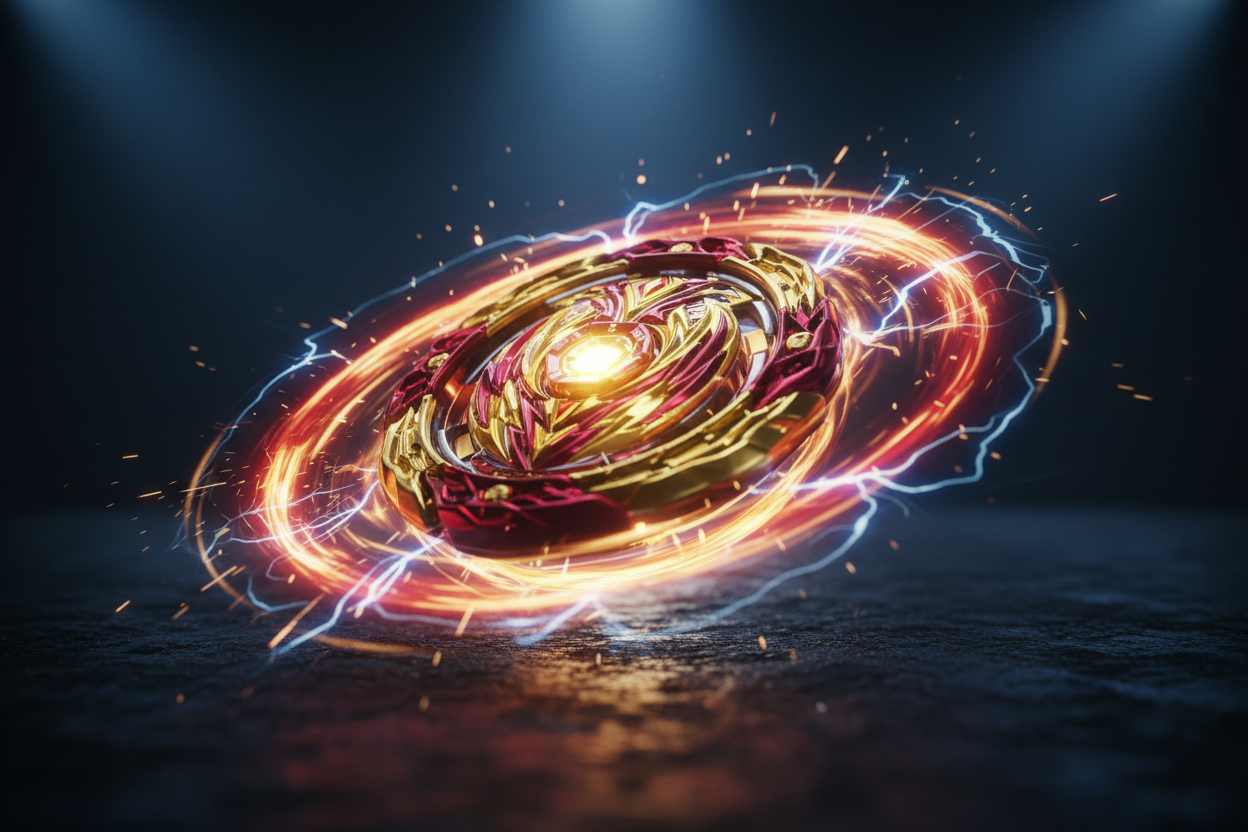 Beyblade Burst Surge Demise Hyperion H6 glowing spinning top cinematic hero shot with light trails – More4less Outlet
