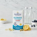 Detailed focus highlighting premium Nordic Naturals supplement box purity in daily diet routine on white marble