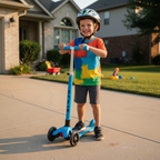 Child adjusting handlebar height on blue folding scooter in sunny driveway — Jetson Jupiter adjustable stem feature — More4less Outlet