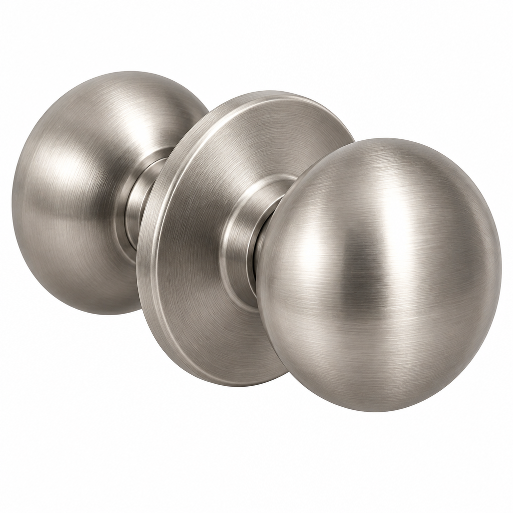 AI-generated studio photo of a satin nickel round door knob set on a white background