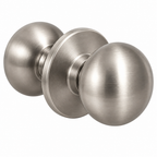 AI-generated studio photo of a satin nickel round door knob set on a white background