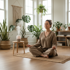 Woman meditating cross-legged on yoga mat with aromatherapy diffuser misting beside her and green plants in background